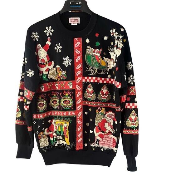 Vintage Nutcracker Santa Reindeer Christams Sweatshirt Puff Paint Glitter Large - Picture 1 of 7